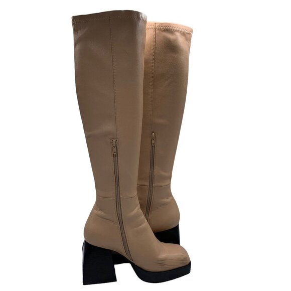 Jeffrey Campbell Knee High Boot Tan Sz 8 Dauphin Square Toe Platform Chunky - Picture 3 of 15